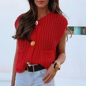 Crochet Chunky Knit Sleeveless Crop Top Sweater Vest